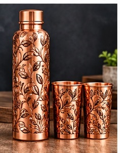Juego de Botellas de Agua Tradicionales de Cobre con Tapa y 2 Tazas, Diseño Tradicional Grabado con Elefantes - Product Image 5