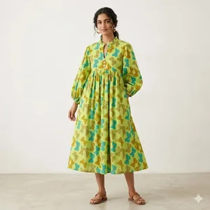 Robe midi vintage en coton jaune à imprimé floral papillon, avec manches bouffantes, coupe ample, col en V, robe d'été décontractée - Product Image 1