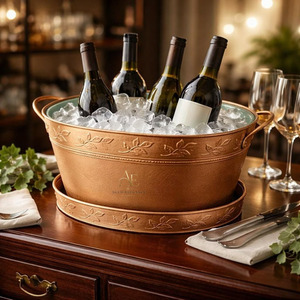 Rustic Copper & White Embossed Leaf Oval Beverage Tub With Matching Tray Enamel Interior Party Supply Wedding & Party Tableware - Product Image 1
