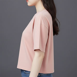 Nouveau T-shirt rose à col rond et manches courtes pour femme, coupe ample, couleur unie, décontracté, printemps-été, en jersey tricoté 100 % coton - Product Image 3