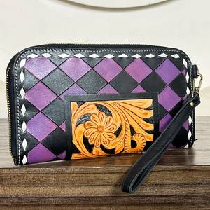 Factory Price HandTooled Genuine Leather <b>Cute</b> Checkered Pattern Clutches <b>Purse</b> Zipper With Wholesale Luxury Floral Design Wallet - Product Image 4