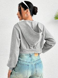 High Quality Y2K Cropped Zip Hoodie Women 100% Cotton Fleece Minimal <b>Rhinestone</b> Oversized Streetwear Crop Hoodies <b>Jacket</b> - Product Image 3