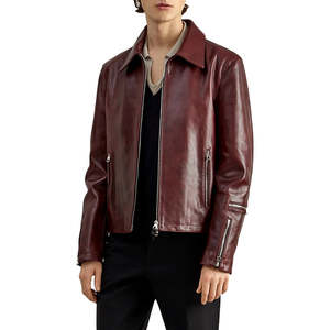 Chaqueta de Motociclista de Cuero Genuino Color Borgoña para Hombre, Cuello Camisero, Cierre de Cremallera, Corte Ajustado, Manga Regular, Color Sólido, Acabado Invernal - Product Image 2