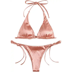 Ensemble bikini noir pour femme, 2 pièces, extensible, couleur unie, bas de maillot échancré avec cordon de serrage, soutien-gorge triangle tricoté - Product Image 5