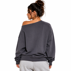 Women's Off Shoulder Butterfly Rhinestone Cotton Fleece Sweatshirt Charcoal Gray Oversized Casual Streetwear Hoodies Custom Logo - Product Image 2