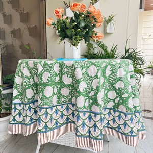 Bohemian Green Floral Hand Block Print Round <b>Tablecloth</b>, Waterproof Cotton Custom Logo Table Cloth for <b>Wedding</b> Restaurant Picnic - Product Image 5