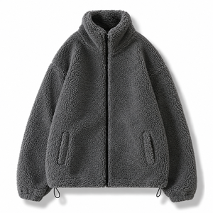 Veste polaire unisexe, couleur unie, col montant, fermeture éclair, chaude, décontractée, hiver, longueur normale, coupe ample, doublure sherpa, devant - Product Image 1