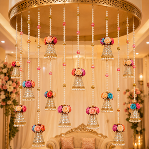Espejo Floral Colgante con Cuentas de Perlas y Flores Artificiales para Bodas, Mehndi, Haldi y Decoración del Hogar - Product Image 5