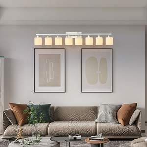 Applique murale moderne à 8 lumières pour salle de bain, 52 pouces, nickel, abat-jour en verre blanc laiteux, pour chambre à coucher, salon, style ferme - Product Image 1