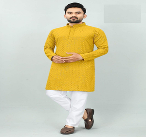 Men traditional rayon <b>kurta</b> with chikan work paired with cotton pajama for ethnic celebrations and daily festive use - Product Image 5