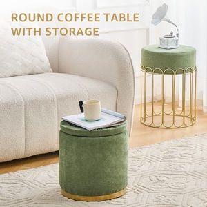 Set di 2 Pouf Rotondi in Velluto con Contenitore, Sgabello Imbottito per Toeletta, Poggiapiedi con Coperchio Rimovibile, Tavolino Laterale in MDF per Soggiorno - Product Image 5
