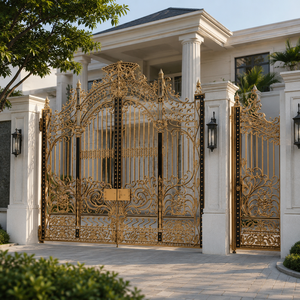 Puerta de villa de hierro forjado dorado de lujo con adornos ornamentados para entrada de casa, granja o mansión, puerta principal decorativa de metal. - Product Image 2