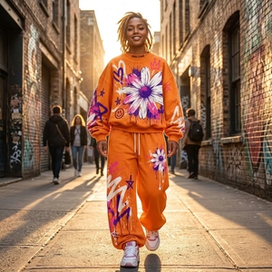 Ensemble de survêtement pour femme ONEAPEX : Sweat-shirt graffiti orange et pantalon large floral streetwear – Tenue décontractée deux pièces - Product Image 5