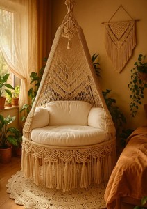 Boho <b>Macrame</b> Swing Chair, 42” Hanging Hammock Seat, Handmade Indoor Swing,Housewarming Gift, Cozy Lounge Chair, Bohemian Decor - Product Image 2
