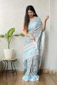 Sari en lin à imprimé artistique, style traditionnel, look élégant et confortable à porter toute la journée, avec chemisier en lin assorti - Product Image 6