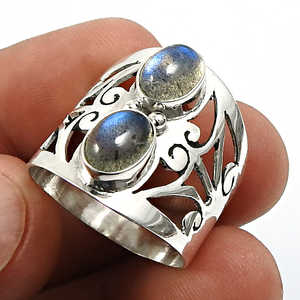 Wholesale Fine Jewelry 925 Sterling Silver Eternity Vermeil <b>Ring</b> Natural Labradorite Gemstone Bohemian <b>Ring</b> With <b>Two</b> <b>Stones</b> - Product Image 2
