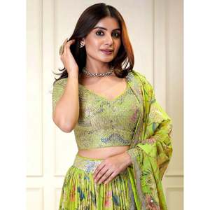 Adorables vestidos de organza con estampado verde neón Lehenga Choli para ropa de evento - Product Image 5