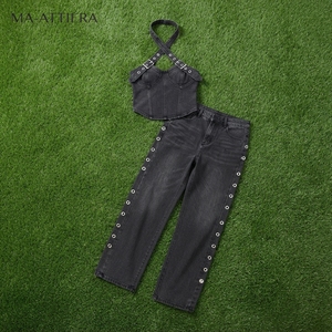 Women Black Denim Halter <b>Crop</b> <b>Top</b> And Cargo Pants Set Eyelet Strap Detail Two Piece Streetwear Outfit - Product Image 6