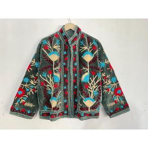 Vintage Style Sage <b>Velvet</b> <b>Jacket</b> with Heavy Floral Embroidery <b>Women</b> Ethnic Boho Outerwear - Product Image 1