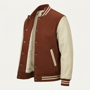 <b>Men's</b> Varsity <b>Jacket</b> Brown <b>Cream</b> Sleeve Stand Collar Button Closure Casual Autumn Wear Lightweight Baseball Bomber Outerwear Top - Product Image 5