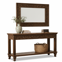 Console moderne en bois massif avec rangement à hauteur réglable, miroir inclus, design artisanal durable pour salon et entrée