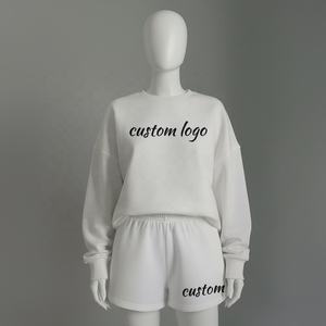 Ensemble de survêtement pour femmes, sweat-shirt à manches longues et col rond blanc uni et short assorti, vêtements de détente, ensemble deux pièces, OEM ODM, vente en gros - Product Image 1
