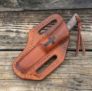 Custom Handmade J2 Steel Bull Cutter Knife Blue Resin <b>Pinecone</b> Handle Fixed Blade Knife with Cross Stamped Leather Sheath - Product Image 6