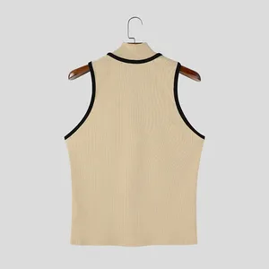 Débardeur sans manches en tricot côtelé beige pour homme avec col rond et fermeture éclair, décontracté, respirant, en polyester - Product Image 2
