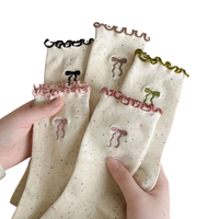 Chaussettes antibactériennes pour femmes, mi-mollet, à volants, tendance automne, polyvalentes, mignonnes, avec nœud en dentelle, chaussettes longues pour étudiantes
