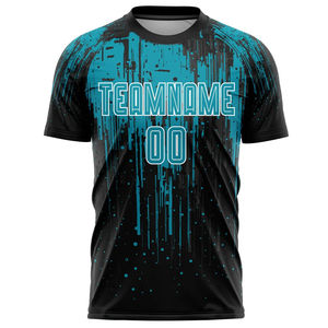 Maillot de football personnalisé sublimé noir et turquoise à motif goutte d'eau, manches courtes, anti-humidité, vêtements pour hommes adultes - Product Image 1