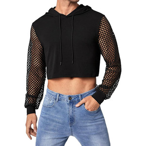 <b>Fishnet</b> Mesh Long Sleeve Drawstring Crop Hoodie Sweatshirt Pullover - Product Image 1