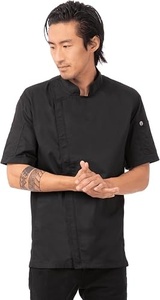Veste de chef noire à manches courtes pour homme, fermeture à boutons, 100 % polyester, uniforme de restaurant et de bar, tissu tissé - Product Image 4