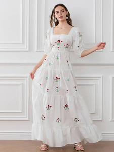 Vestido Maxi de Algodón Blanco Estilo Boho Chic con Bordado Floral a Mano para Mujer, Cuello Cuadrado y Mangas Abullonadas, Vestido Largo con Bordado de Flores - Product Image 2