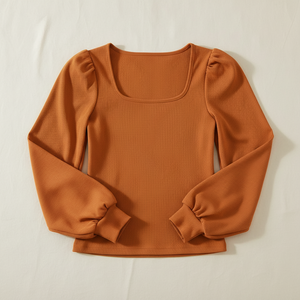 Haut moulant côtelé pour femme à col carré et manches longues, coupe ajustée, avec épaules bouffantes et poignets élastiques, chemisier tendance, style streetwear décontracté, vente en gros - Product Image 4