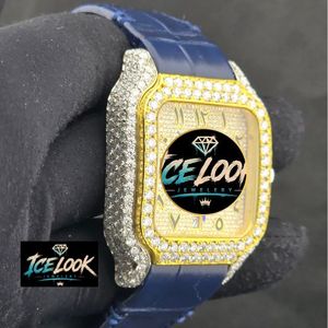 ICELOOK JEWELERY นาฬิกาทองทรงสี่เหลี่ยมหรูหราพร้อมขอบเพชรสายหนังสีน้ำเงินอะนาล็อกควอตซ์นาฬิกาแฟชั่นสำหรับผู้ชาย - Product Image 4