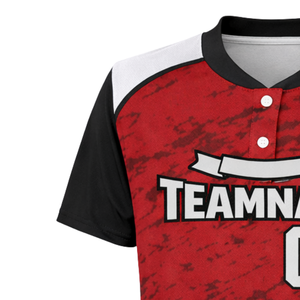 เสื้อซอฟต์บอลแบบสั่งทำพิเศษ พิมพ์ลายเต็มตัวด้วยเทคนิค Dye Sublimation สีแดงดำลายโมเสก คอเสื้อแบบติดกระดุม ชุดยูนิฟอร์มทีมพร้อมพิมพ์หมายเลขด้านหลัง - Product Image 5