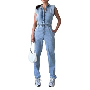 Casual Straps Neckline Solid High Waist Sleeveless Jumpsuits Playsuits <b>Ladies</b> Girls' Regular Fit Belt Loops <b>Pants</b> Denim Jeans - Product Image 3