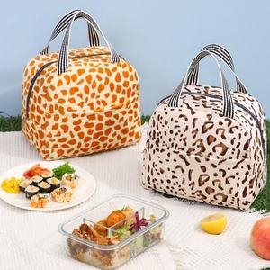premium <b>leakproof</b> thermal food carrier durable plush leopard print <b>lunch</b> organizer with striped handles and front pocket - Product Image 6