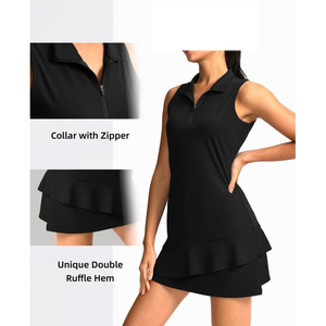 Women's <b>Black</b> Sleeveless <b>Polo</b> Collar Golf Dress Quick Dry Sporty Solid Knitted <b>Top</b> with Zipper Closure - Product Image 3