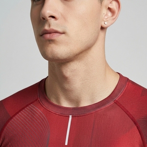 Men's Red Geometric Pattern Short Sleeve Compression Shirt O-Neck Quick Dry Slim Fit Sporty Athletic Performance Top - Product Image 4
