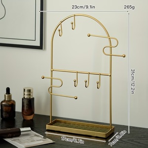 <b>Arched</b> <b>Frame</b> Jewelry Organizer With Multi Hook Bars Ring Tray Anti Tangle Necklace Holder Stable Base Elegant Vanity Display - Product Image 5