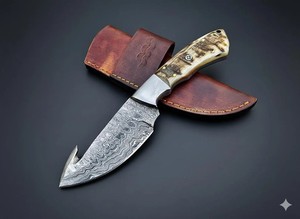 Cuchillo de caza y desollado de hoja fija de acero de Damasco Nordic Forge con gancho para tripas, mango de cuerno de carnero, espiga completa, personalizado OEM/ODM - Product Image 4