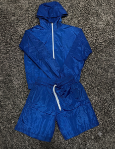 Ensemble de survêtement unisexe bleu à capuche, léger, en polyester, avec short à cordon de serrage, tenue décontractée d'été, couleur unie - Product Image 1