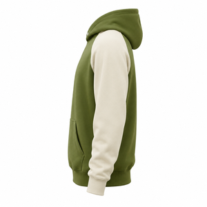 Sweat à capuche personnalisé en polaire polyester, couleur crème vert olive, blocs de couleurs, manches raglan - Product Image 4
