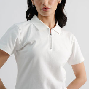 Polo zippé pour femme OEM/ODM, séchage rapide, respirant, coupe ajustée, couleur unie, manches courtes, confortable, été, vente en gros - Product Image 2