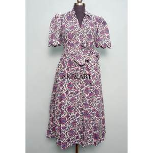 Vestidos Midi Casuales de Punto con Cuello en V, Diseño Indio Kangura, para Mujer, Ecológicos, Lavables, con Estampado Floral y Botones, Naturales - Product Image 1