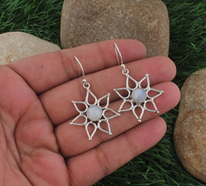 925 Sterling Silver <b>Rainbow</b> Moonstone Luxury Dangle <b>Drop</b> Earrings Handmade Sunburst Flower Gemstone Engagement Gift Jewelry - Product Image 2