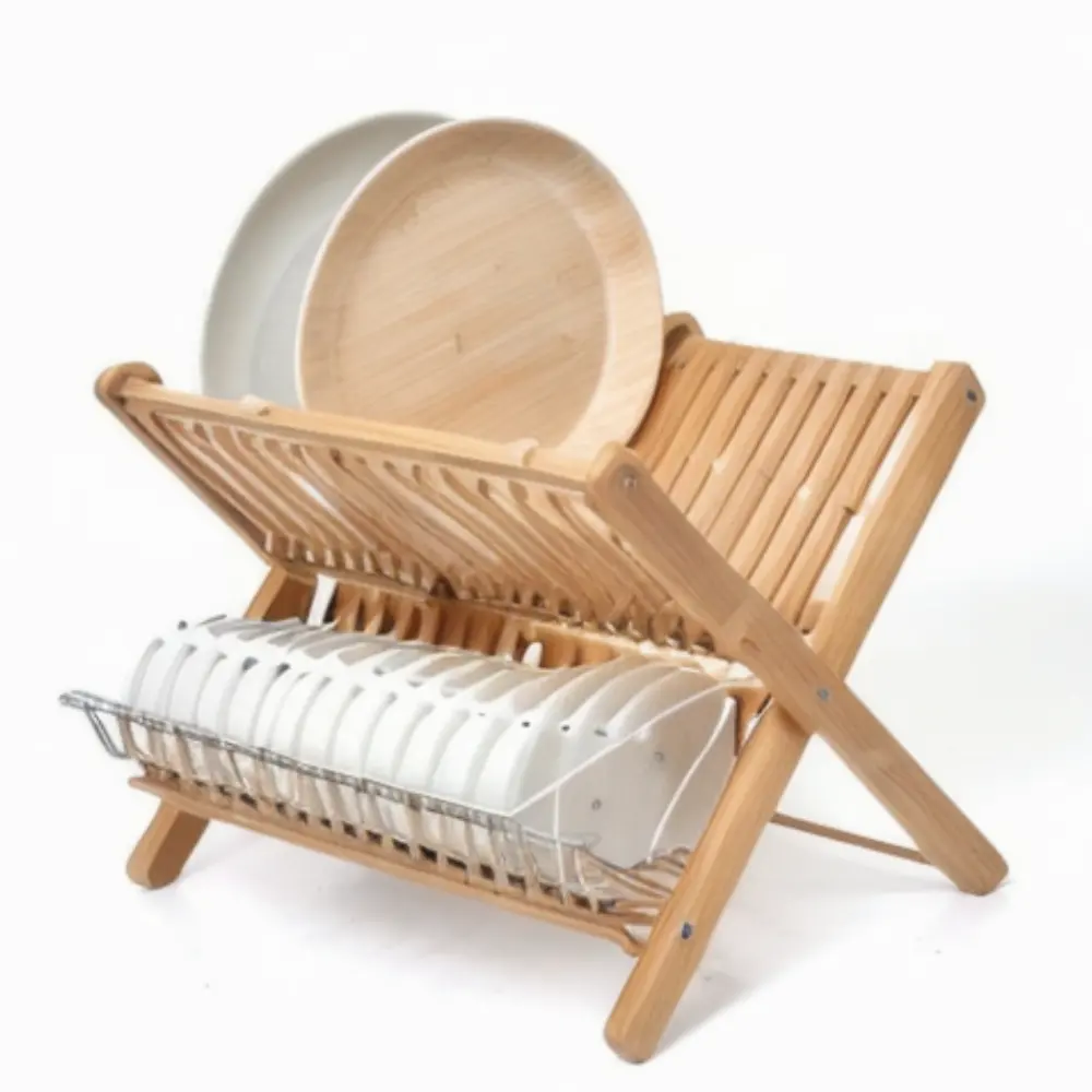 Kitchen Bamboo Dish Rack and Storage Holder Freestanding Rack for Plates and Utensils