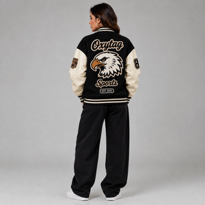 Veste de sport Oxytag, style varsity, noire et crème, avec broderie animale, manches longues, coupe classique, pour femme, vêtements d'automne, prix avantageux - Product Image 3