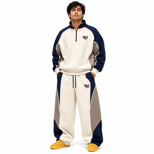Conjunto de Sudadera con Capucha Holgada de Bloques de Color con Cierre de Cremallera y Pantalones de Chándal de Algodón Personalizados con Cordón y Ribete para Hombre - Product Image 3